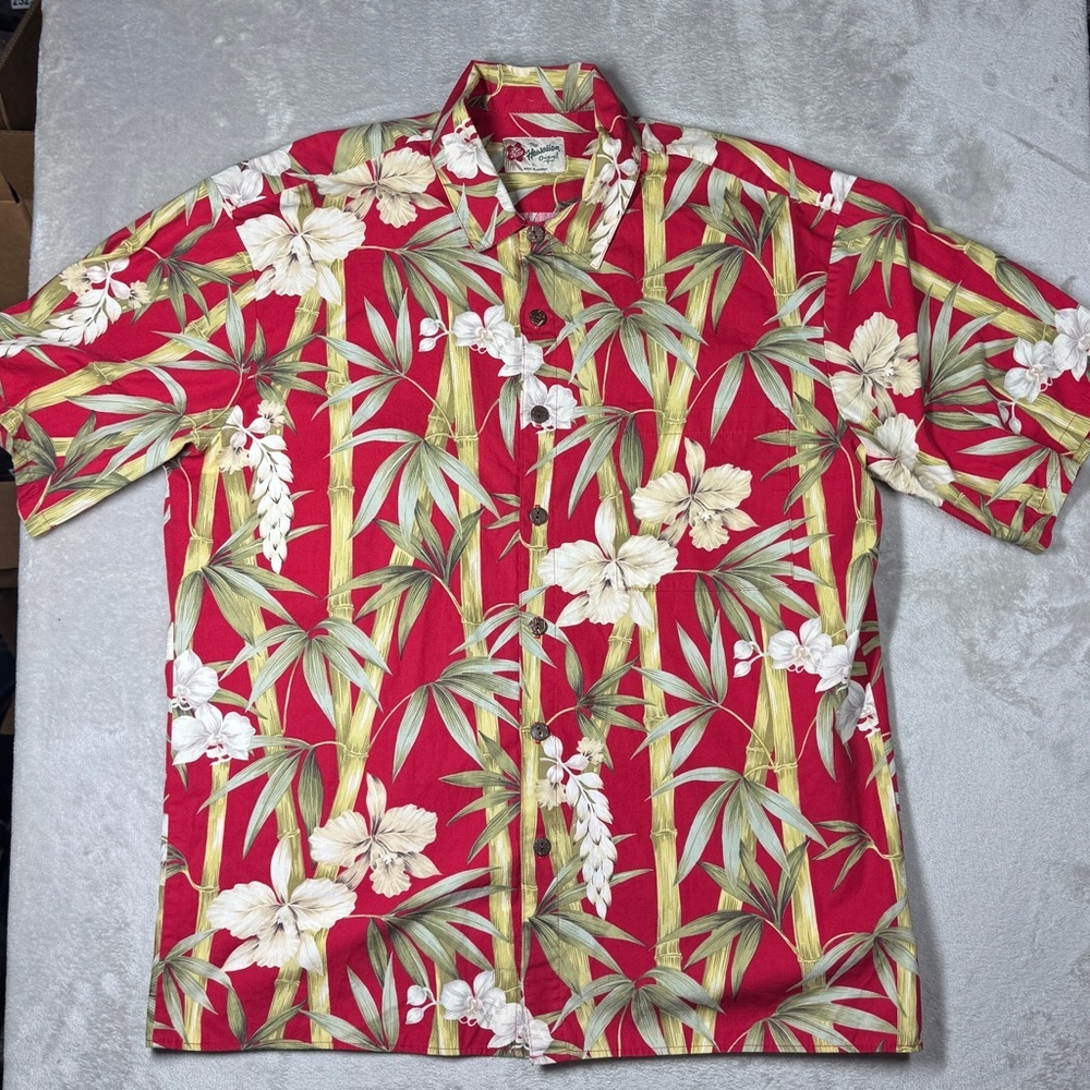 Hilo Hattie The Hawaiian Original Red Bamboo Tropical Floral Button Shirt XL